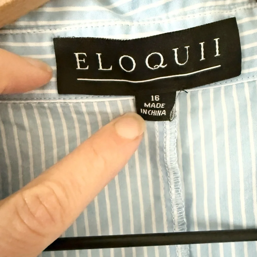 Eloquii Puff Sleeve Button Down Shirt with Tie in Blue & White Stripe size 16 - Picture 3 of 5